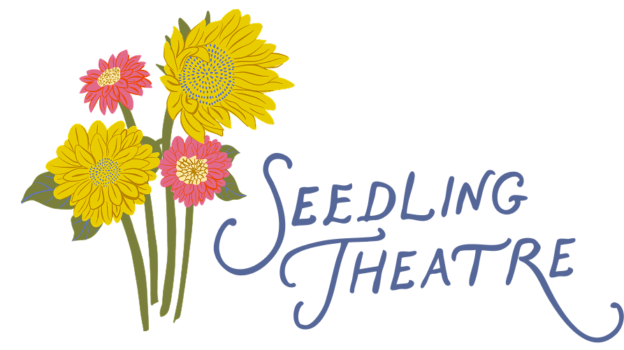 Illustration of three yellow sunflowers and two pink flowers next to the handwritten text "Seedling Theatre" in blue script.
